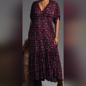 Anthropologie V-Neck Button Front Maxi Dress • Short Ruched Sleeves • Size L